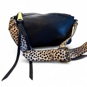 Aimee Kestenberg Black Leather Crossbody with Leopard-print fur Strap